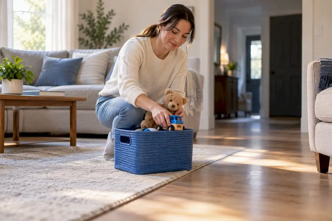 Homeowner clearing toys before cleaners arrive