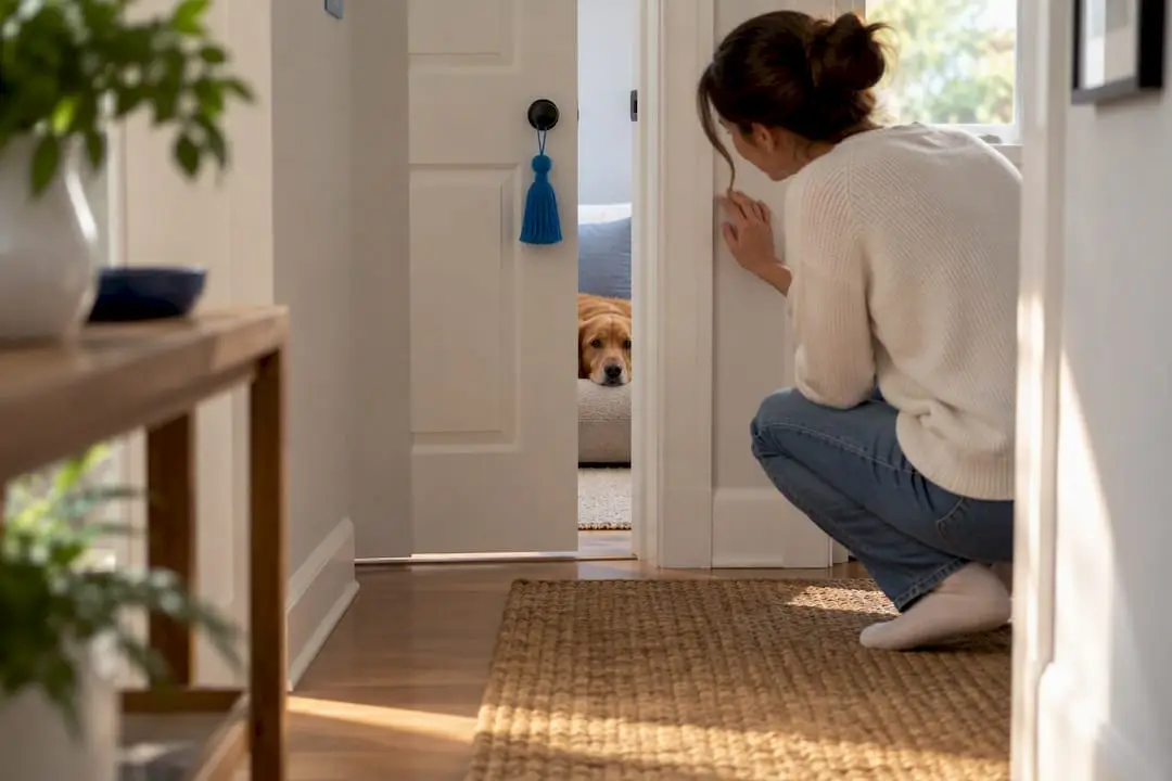 Dog safely confined during home cleaning