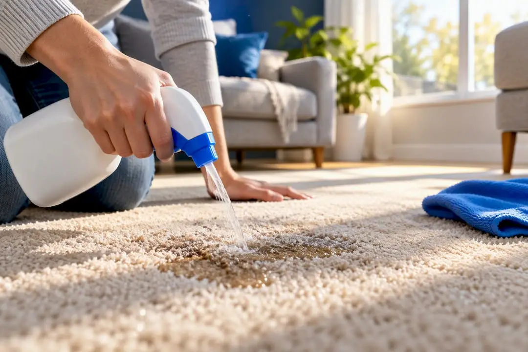 Hands treating carpet with enzyme cleaner