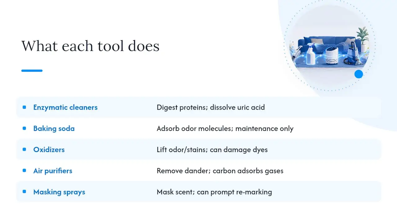 Why Enzymatic Cleaners, Baking Soda, and Air Filters Work Differently — overview diagram
