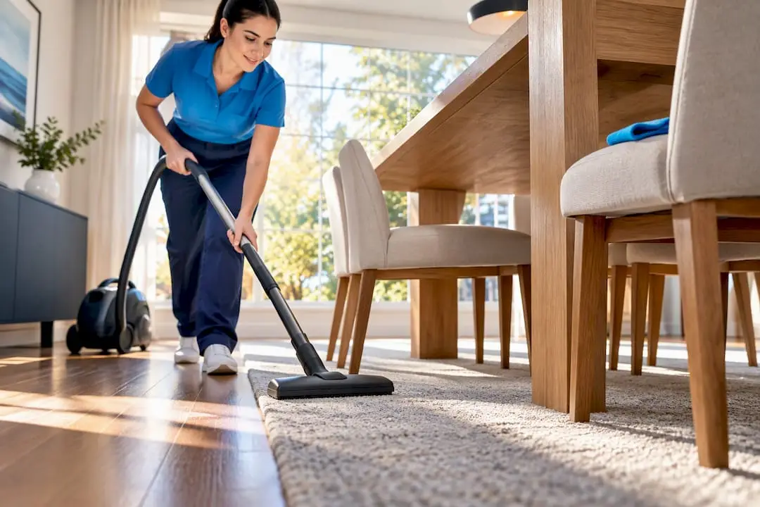Cleaner vacuuming rug in bright dining room