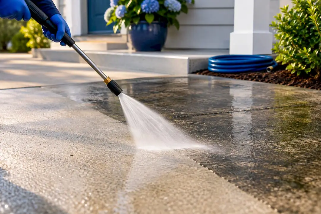 Pressure washing buildup from a driveway