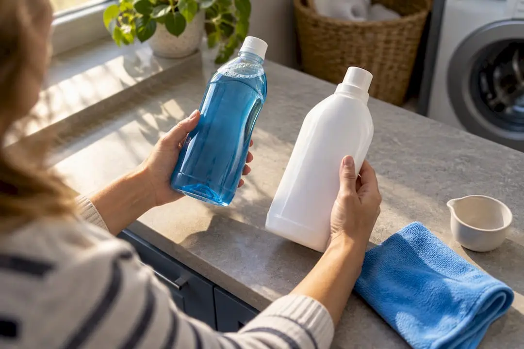 Hands comparing anonymous household cleaners