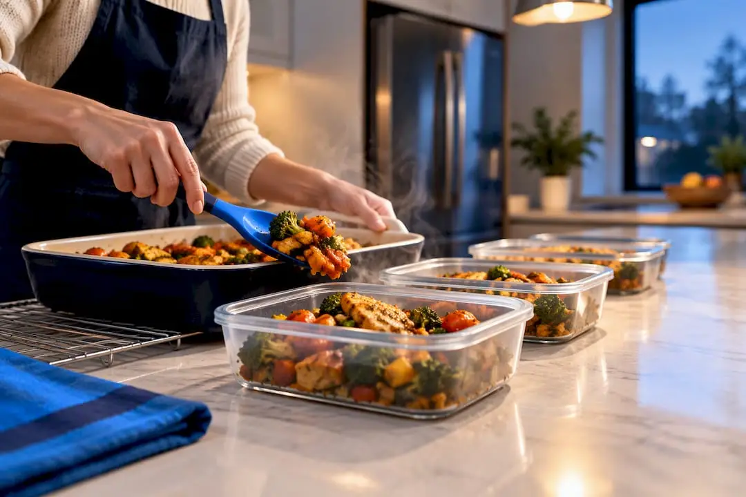Hands portioning leftovers into shallow containers