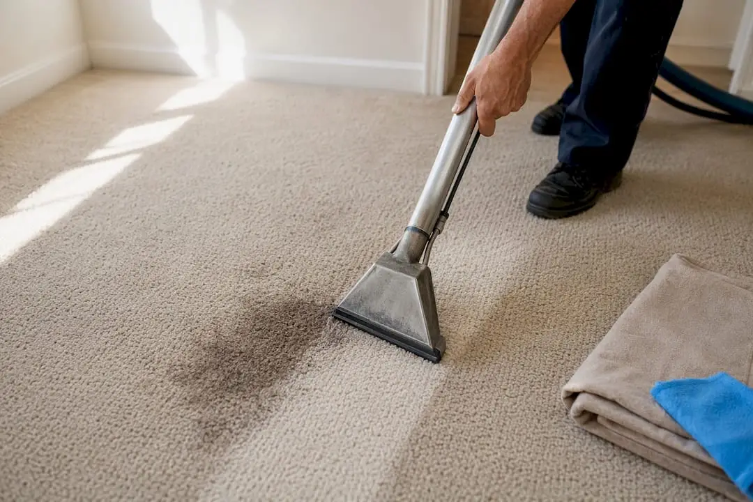 Technician extracting stain from apartment carpet