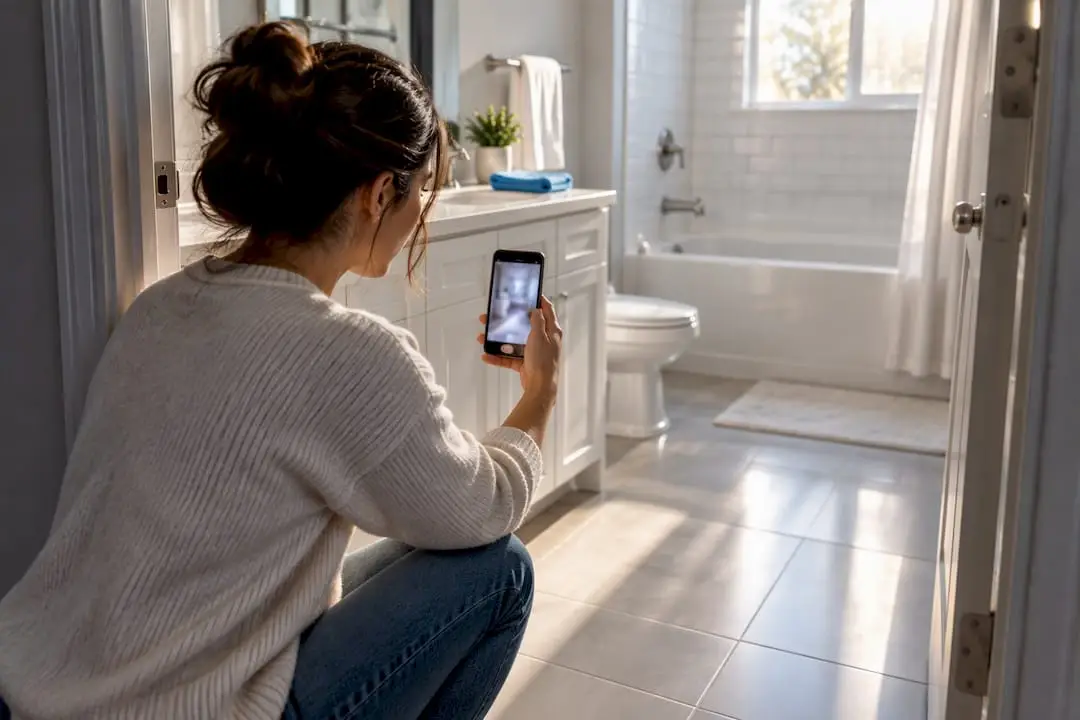 Tenant photographing a cleaned rental bathroom