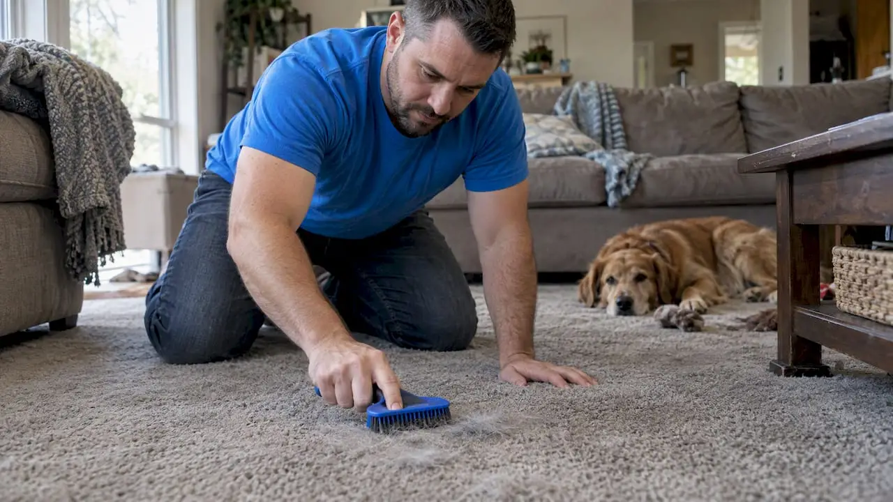 Homeowner brushing pet hair from carpet