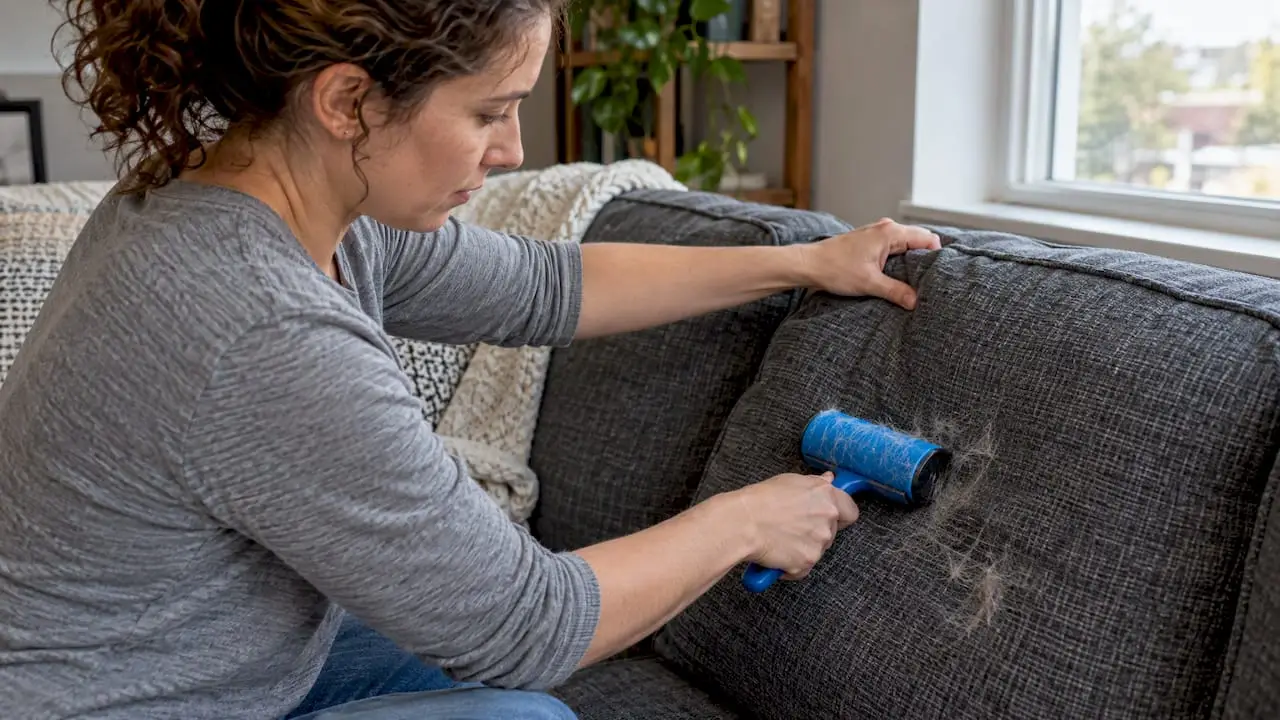 Hands removing pet hair from upholstery
