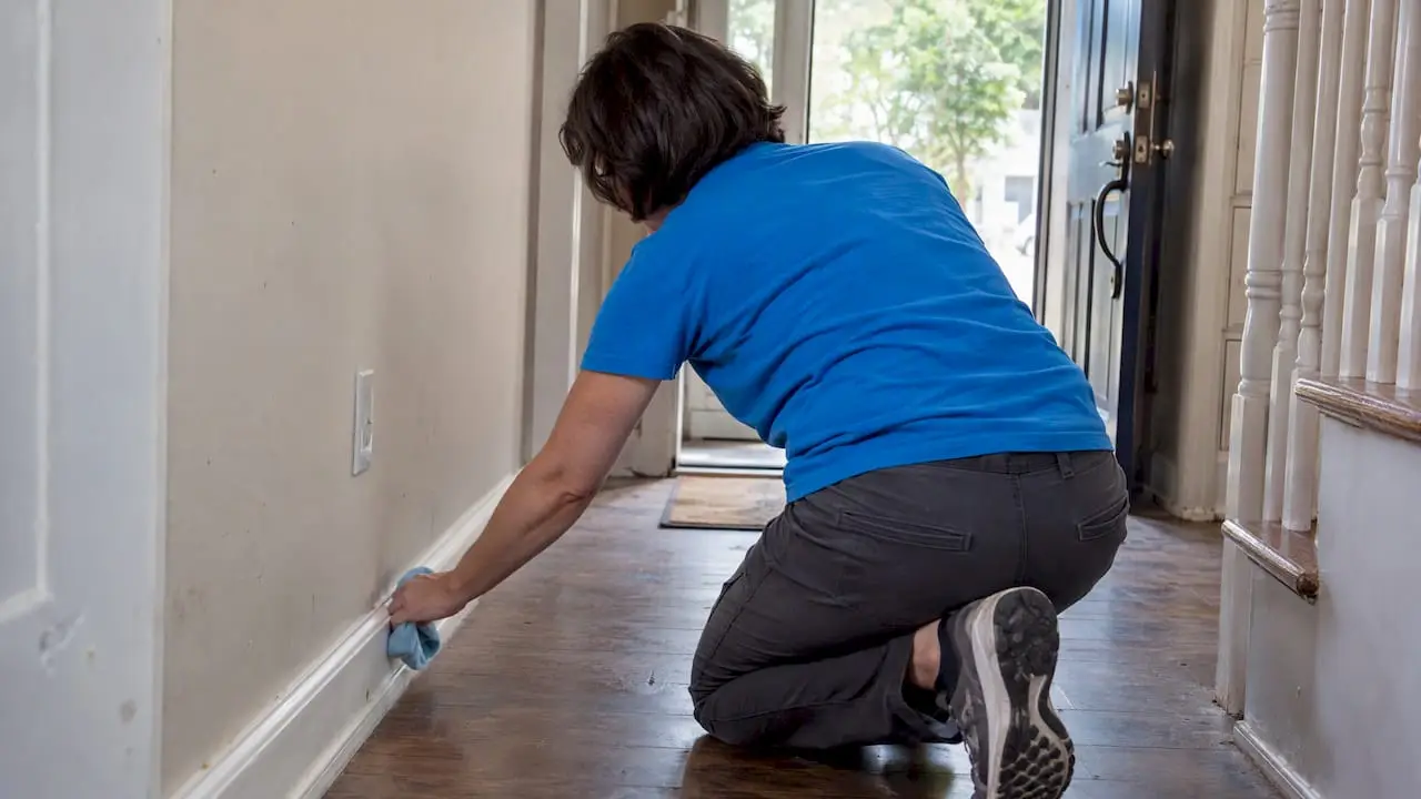 Homeowner cleaning entryway before open house