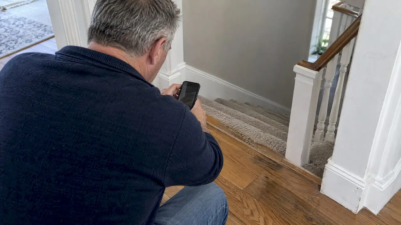 Homeowner photographing flooring during walkthrough