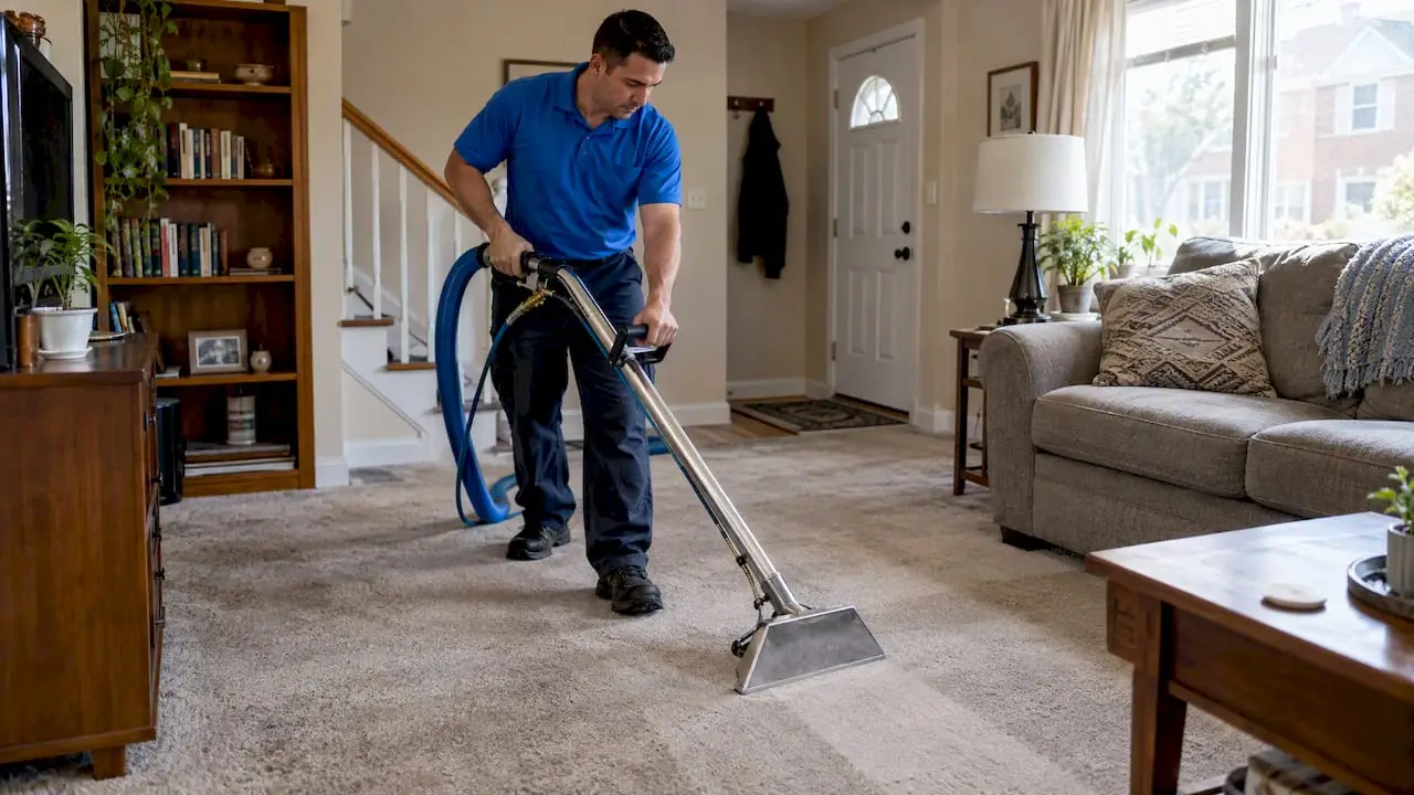 Technician shampooing carpet in a home