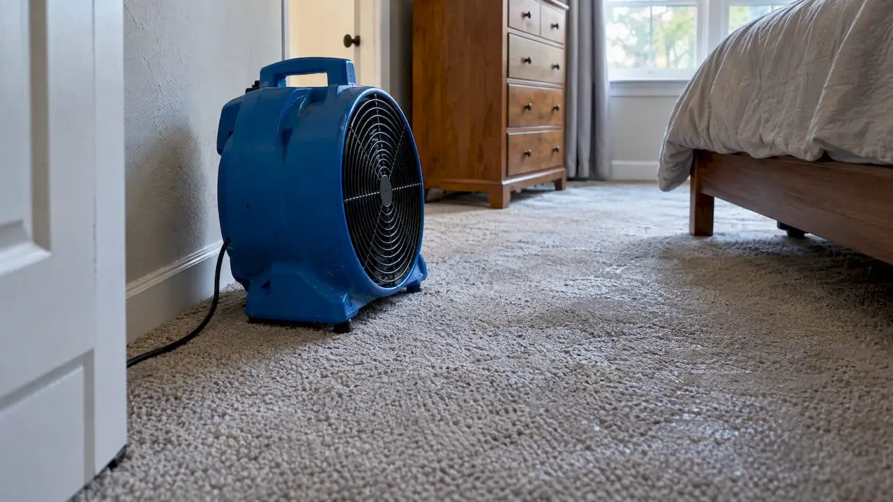 Floor fan drying freshly cleaned bedroom carpet