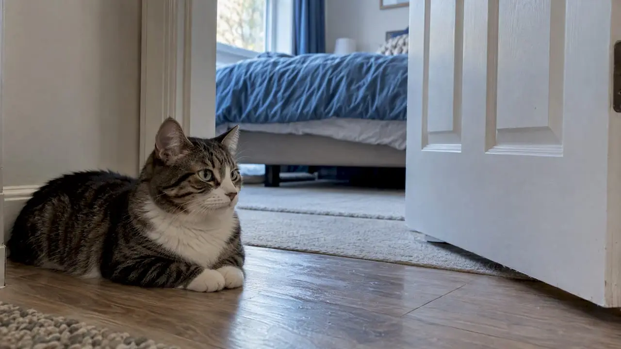 Cat resting outside a bedroom doorway