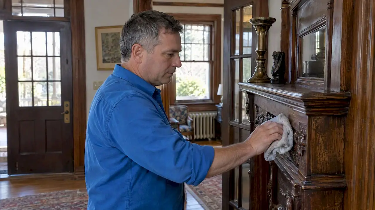 Homeowner gently dusting aged carved wood
