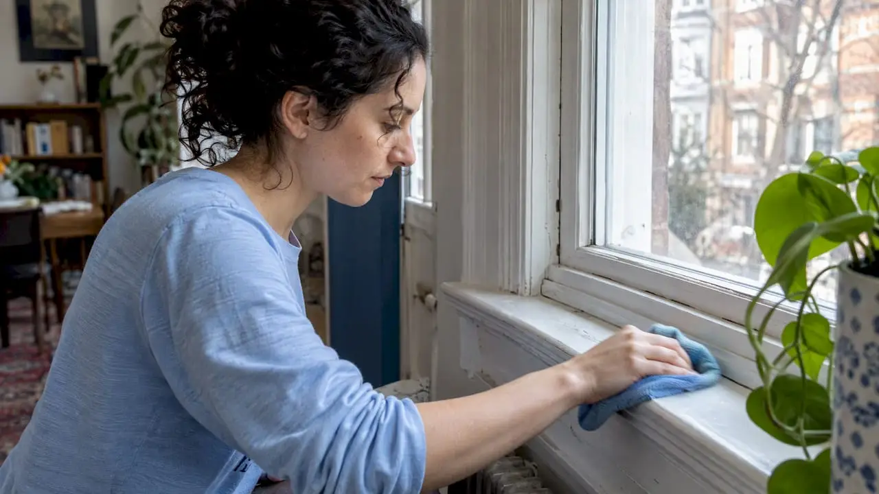Homeowner damp-wiping an older painted windowsill