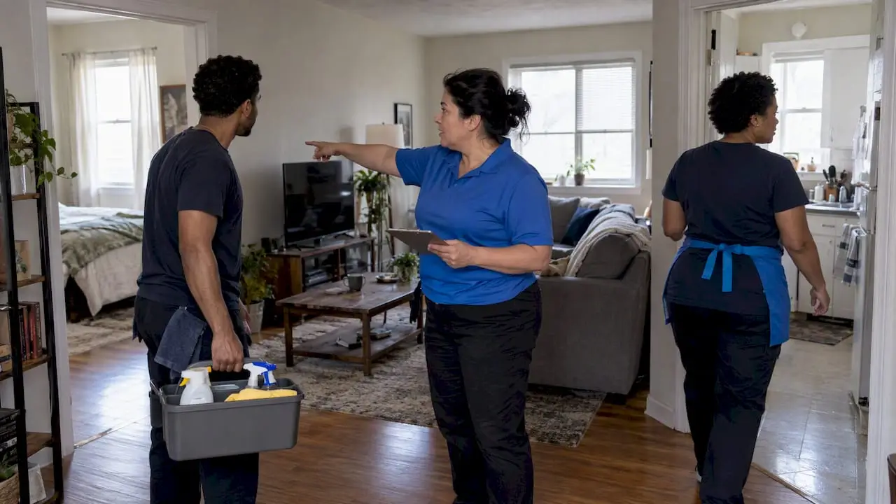 Supervisor assigning cleaners to separate rooms