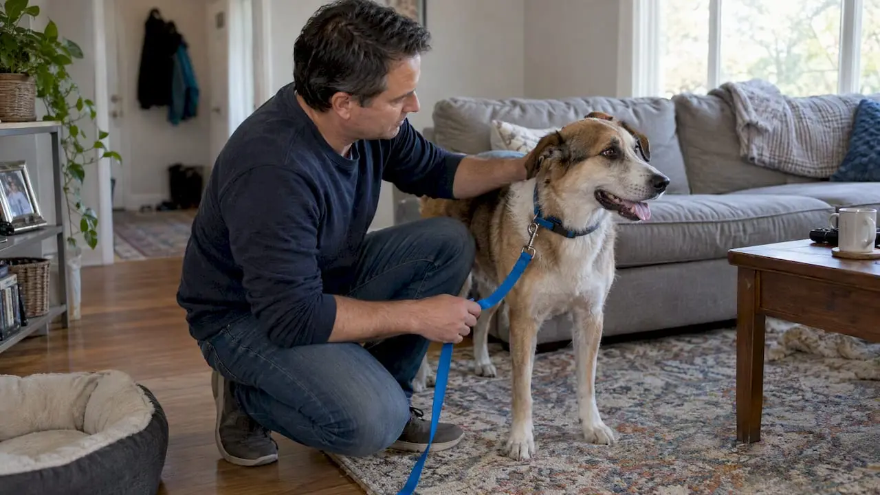Owner settling a dog before home cleaning
