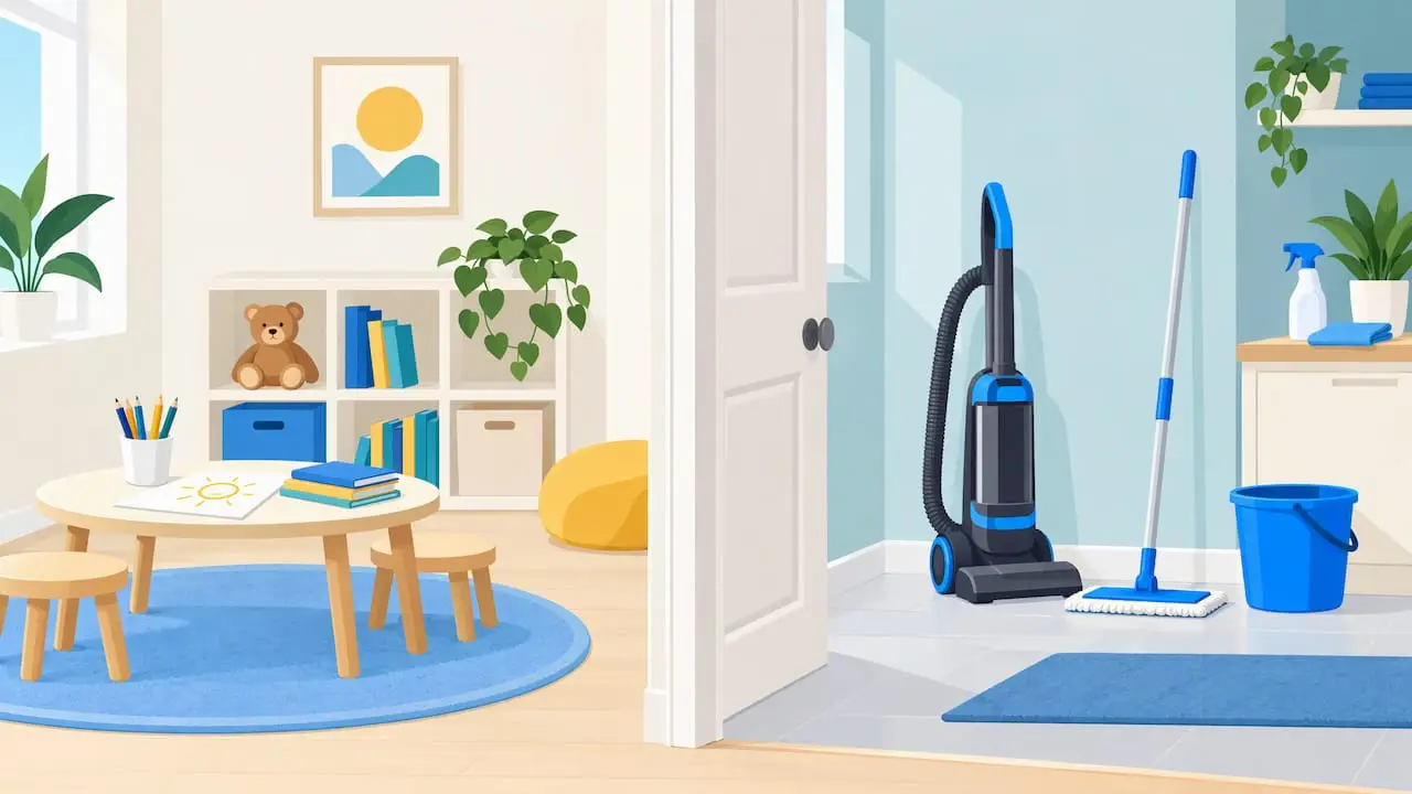 Prepared child activity zone beside cleaning area