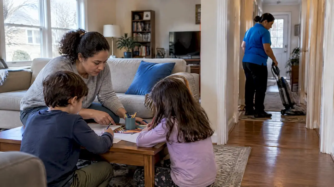 Children draw while a cleaner vacuums nearby