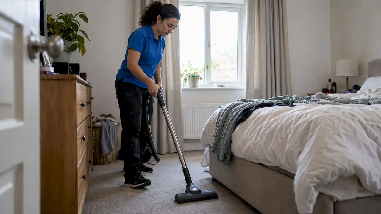 Cleaner vacuuming carpet during a first home visit