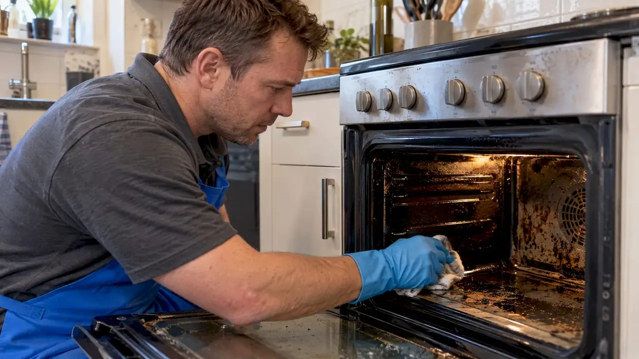 Cleaner working on baked-on oven grease