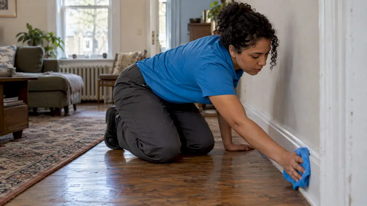 Cleaner wipes dust from painted baseboard