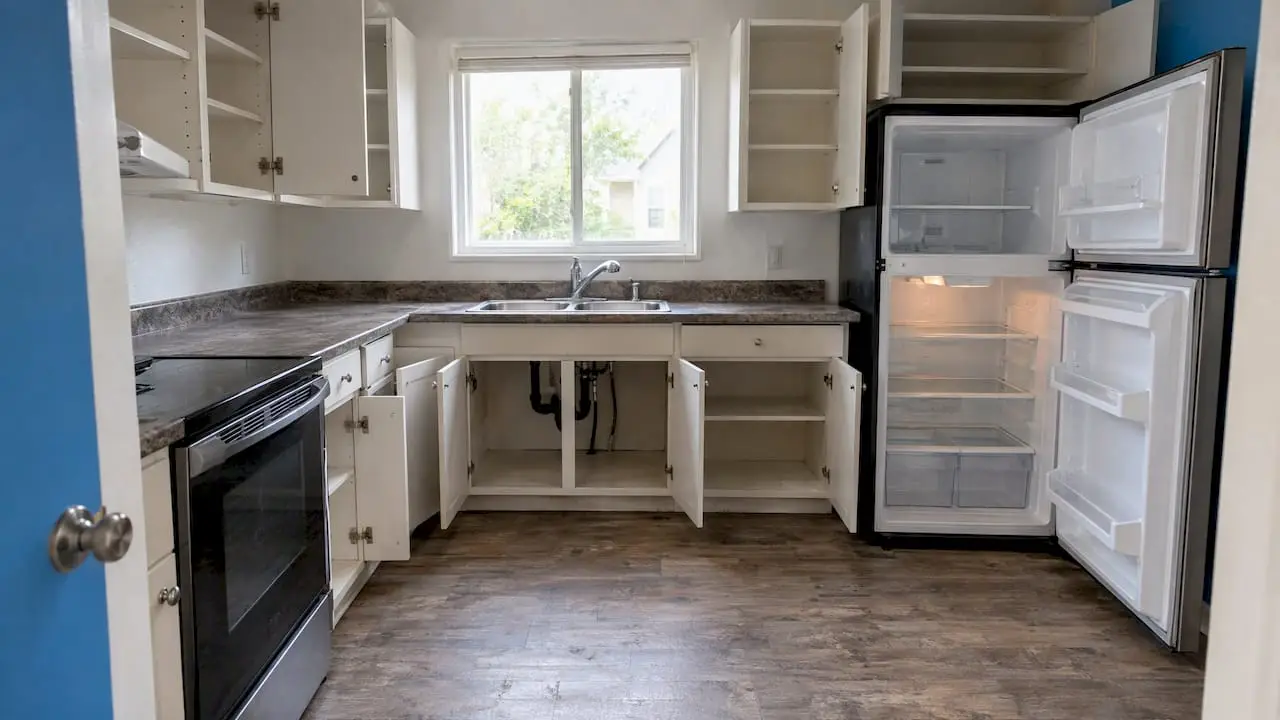 Open kitchen cabinets in a vacant rental home
